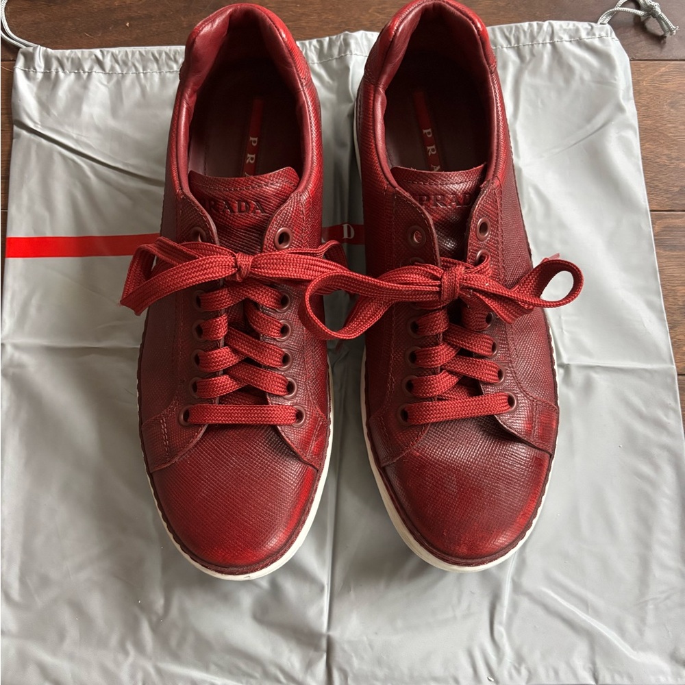 Prada Dark Red Saffiano Leather Lace-Up Sneakers